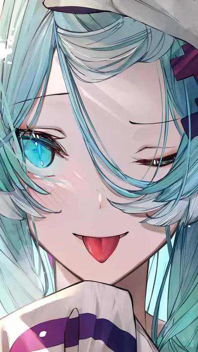 Playful anime girl with teal hair