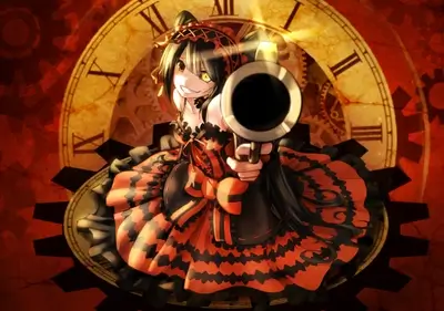 Pointing gun forward with giant clock and gears background