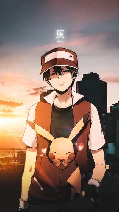 Pokemon trainer Red posing in cityscape with a pikachu design hoodie