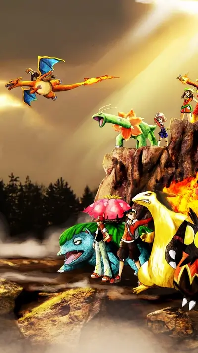 Pokémon and trainers standing on a rocky terrain under sunlight