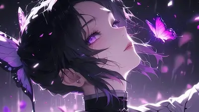 Portrait of a female character with purple eyes surrounded by glowing butterflies in the dark