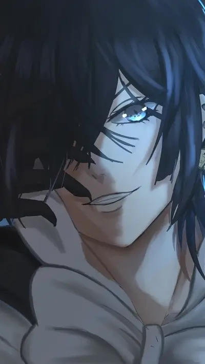 Portrait of a smirking anime boy with striking blue eyes