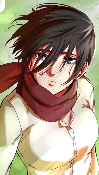 Portrait of Mikasa Ackerman in a white shirt and red scarf.