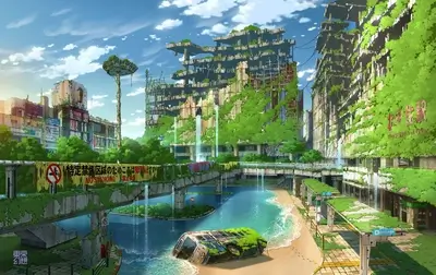 Post-apocalyptic city overgrown with nature