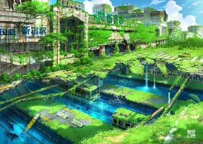 Post-apocalyptic city overgrown with nature