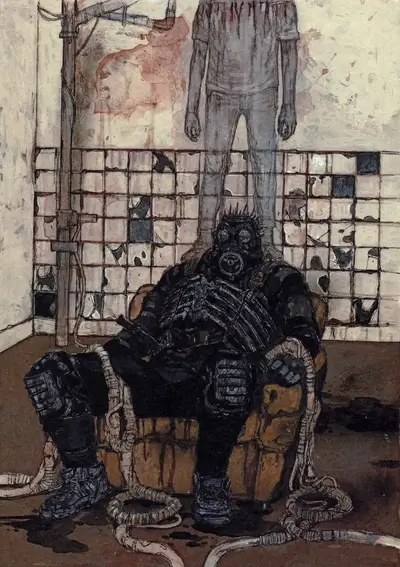 Post-apocalyptic figure in gas mask seated in a chair