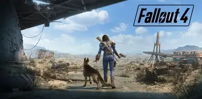 Post-apocalyptic wasteland, woman with dog, Fallout 4 logo