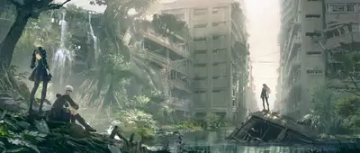 Post-apocalyptic world where nature reclaims ruins, androids survey fallen city