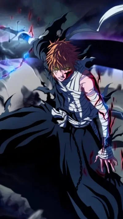 Powerful anime character with orange hair, dark clothing, and glowing energy