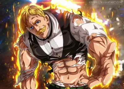 Powerful anime character with ripped clothes and fiery background