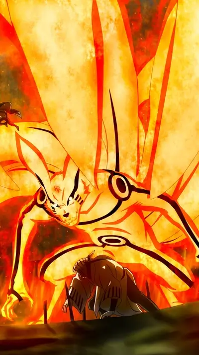 Powerful being with fiery aura towering over a kneeling figure