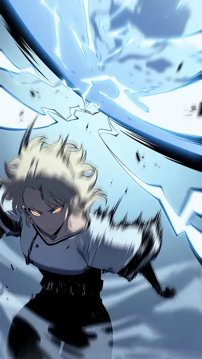 Powerful blonde female character, electric blue energy