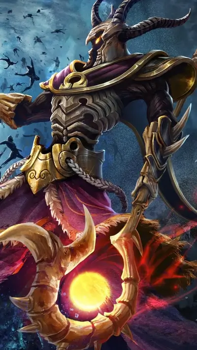 Powerful deity with horns and skeletal features wielding a golden staff