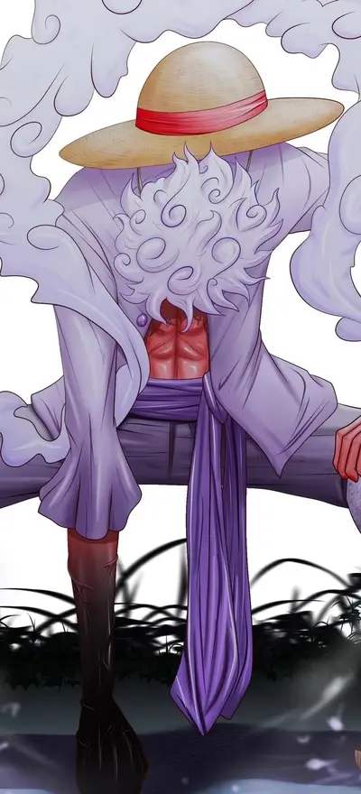 Powerful figure in a straw hat, purple clothing, and emanating smoke