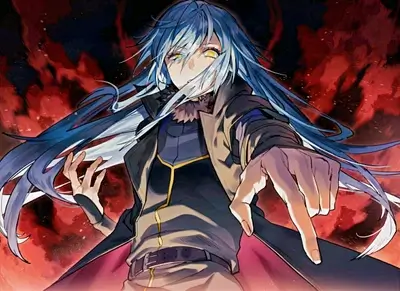 Powerful figure with blue hair and intense glowing yellow eyes