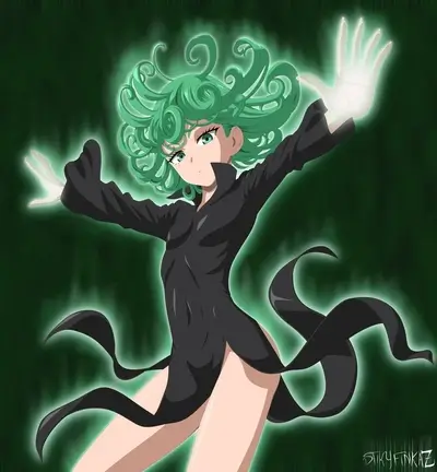 Powerful girl with green hair, black dress, glowing hands