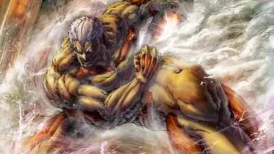 Powerful humanoid figure, muscular, dynamic pose