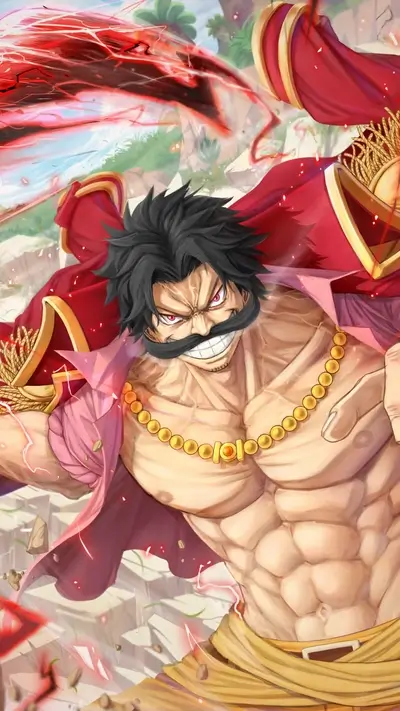 Powerful muscular figure in red and gold attire, wielding a glowing red blade