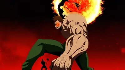 Powerful muscular figure with fiery background