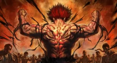 Powerful muscular figure with red hair, back view