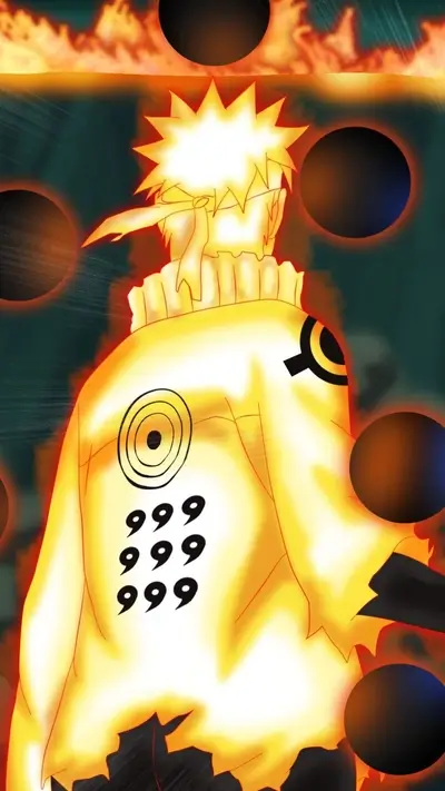 Powerful Naruto Uzumaki cloaked in chakra surrounded by glowing black orbs