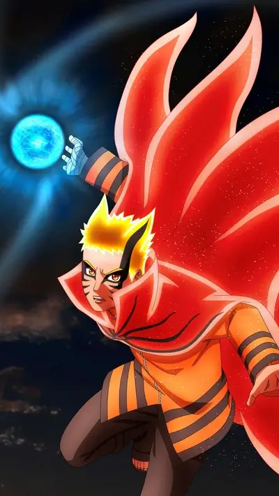 Powerful ninja character with nine tails holding energy ball, intense look