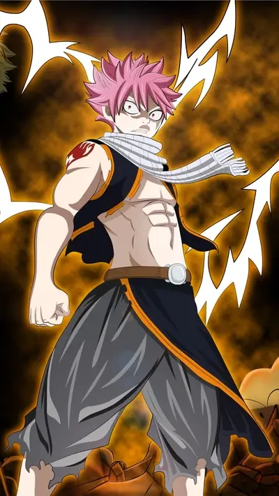 Powerful pink-haired character, fiery background