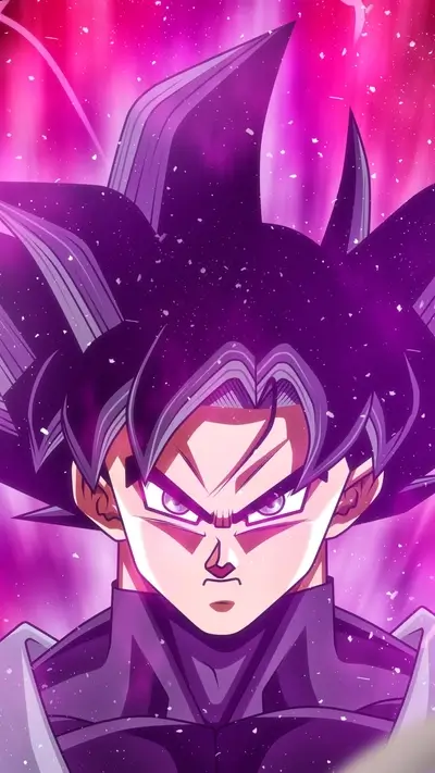 Powerful purple-haired warrior, intense expression