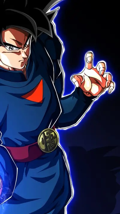 Powerful Saiyan warrior in a blue gi, glowing energy