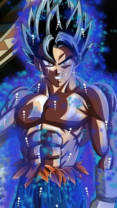 Powerful Saiyan warrior with blue hair and glowing aura