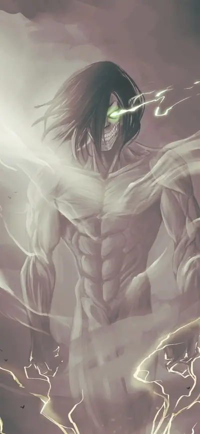 Powerful Titan figure, glowing eyes, stormy background