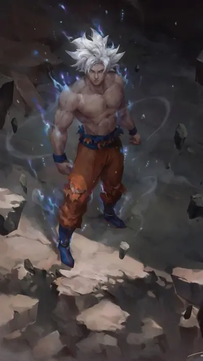 Powerful warrior amidst destruction, glowing aura