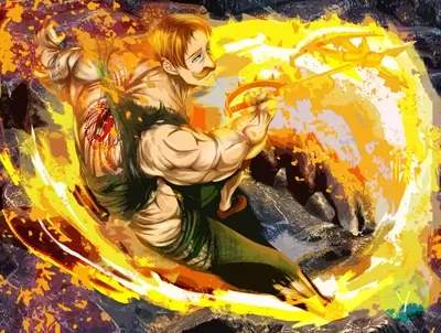 Powerful warrior engulfed in fiery aura, wielding a spiked weapon