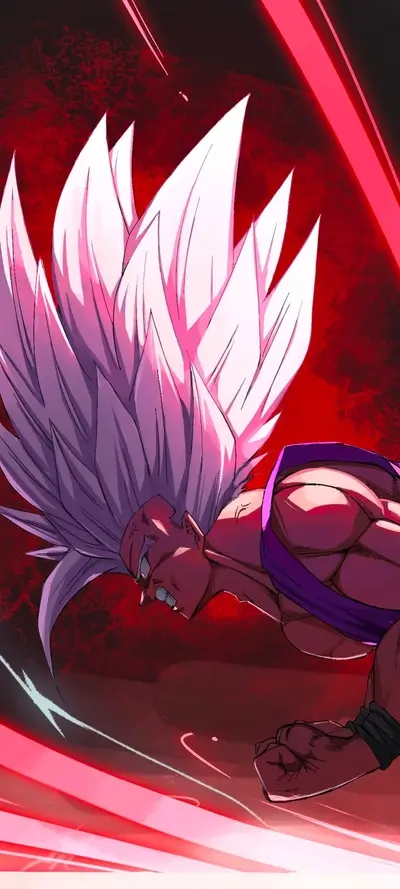Powerful warrior in red background with white hair, intense emotion, poised for action
