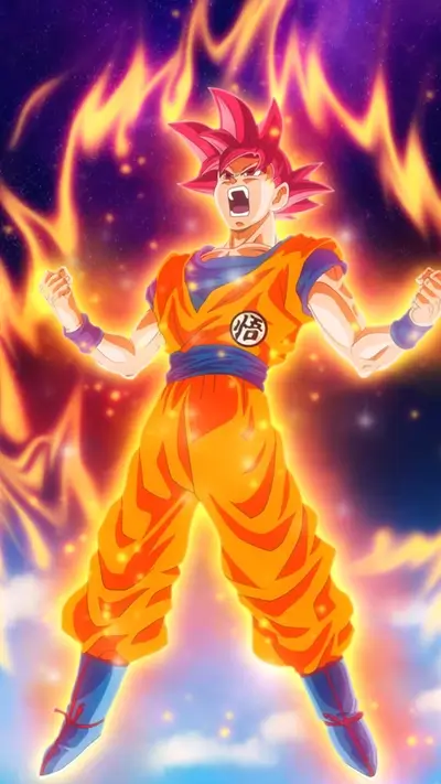 Powerful warrior in vibrant orange uniform surrounded by fiery energy