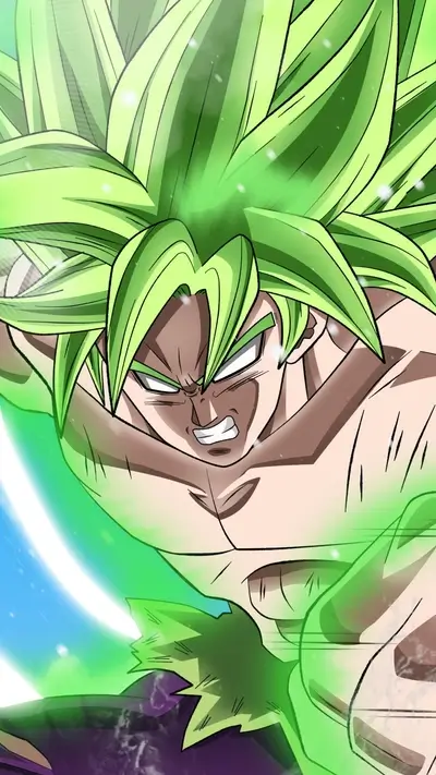 Powerful warrior with green hair and intense expression