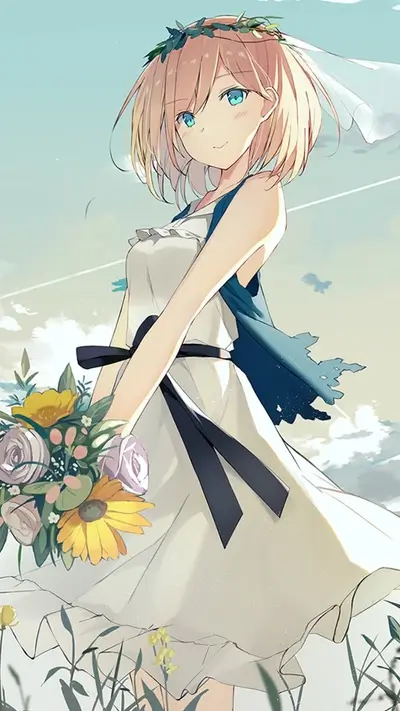 Pretty girl in a white dress, holding flowers