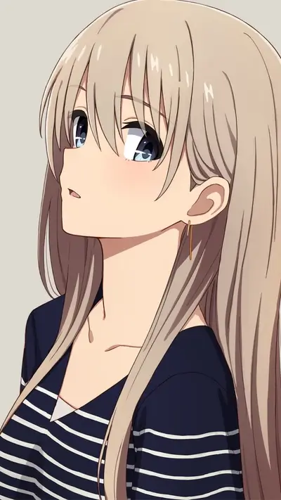 Pretty girl looking up, long hair, striped shirt