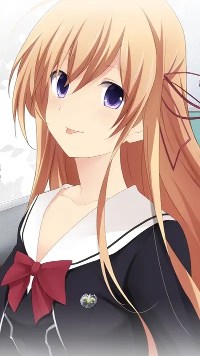 Pretty girl with blonde hair and purple eyes in a school uniform