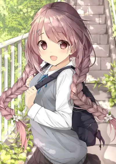 Pretty girl with braided hair, school uniform, and backpack