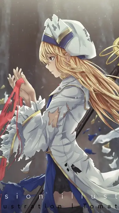 Priestess with tattered clothes holding red ribbon, fair skin, light hair