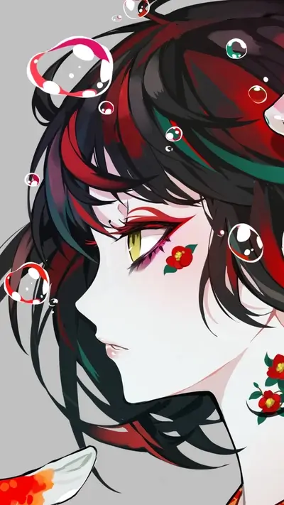 Profile view of a woman with red flowers and bobbles