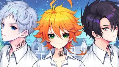 Promised Neverland characters with numbers on necks, smiling brightly