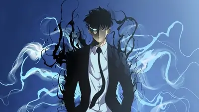 Protagonist Sung Jin-Woo in a suit with glowing eye and dark aura