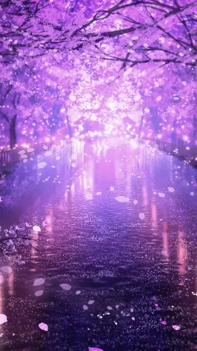 Purple blossom trees over water with falling leaves, glowing path, fantasy