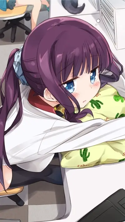Purple-haired anime girl resting on a desk with a cactus pillow