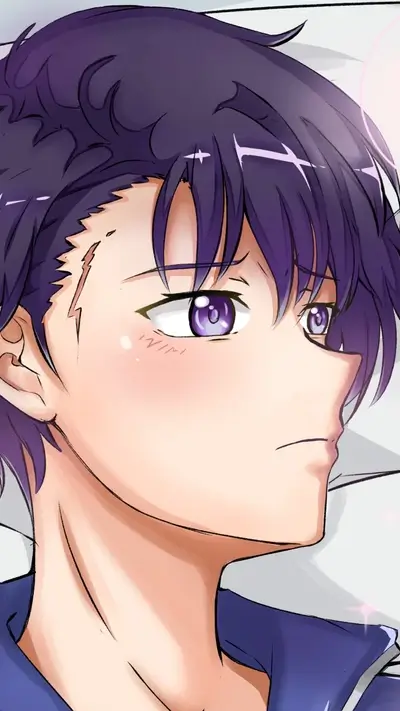 Purple haired character lying on pillow looking away
