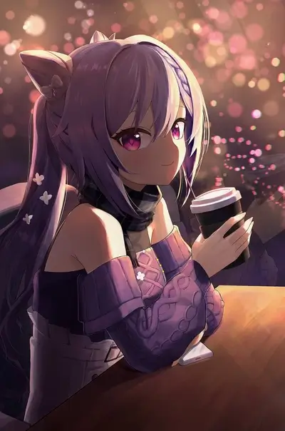 Purple-haired girl enjoying a warm drink