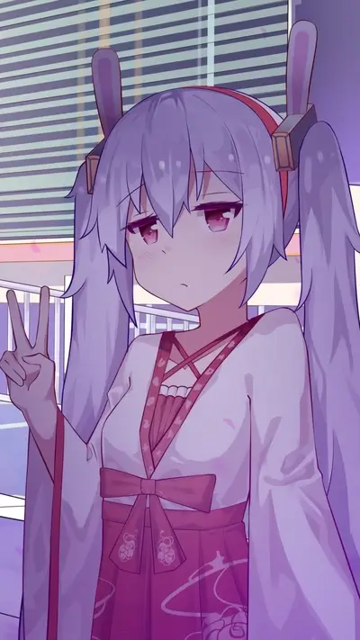 Purple-haired girl in a kimono, peace sign