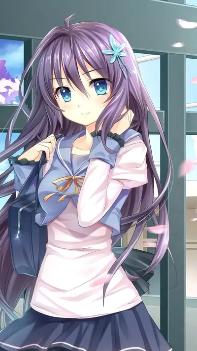 Purple-haired girl in school uniform